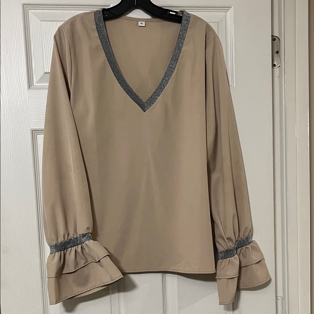 Chic Beige V-Neck Blouse with Ruffled Sleeves